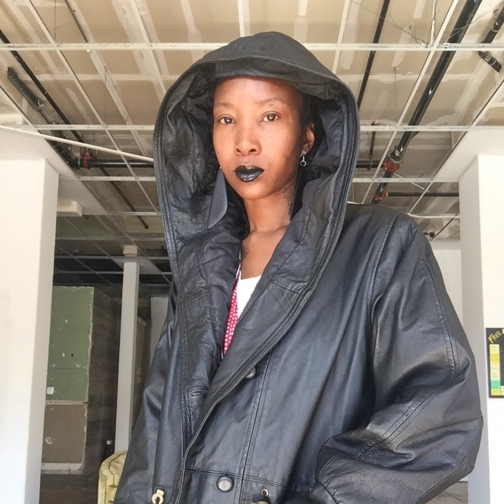 Liz Baker Oversized Black Leather Hooded Jacket